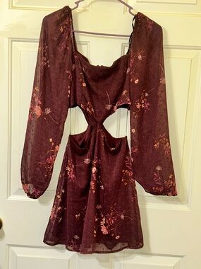 Forever 21 Burgundy Floral Cutout Long Sleeve Mini Dress